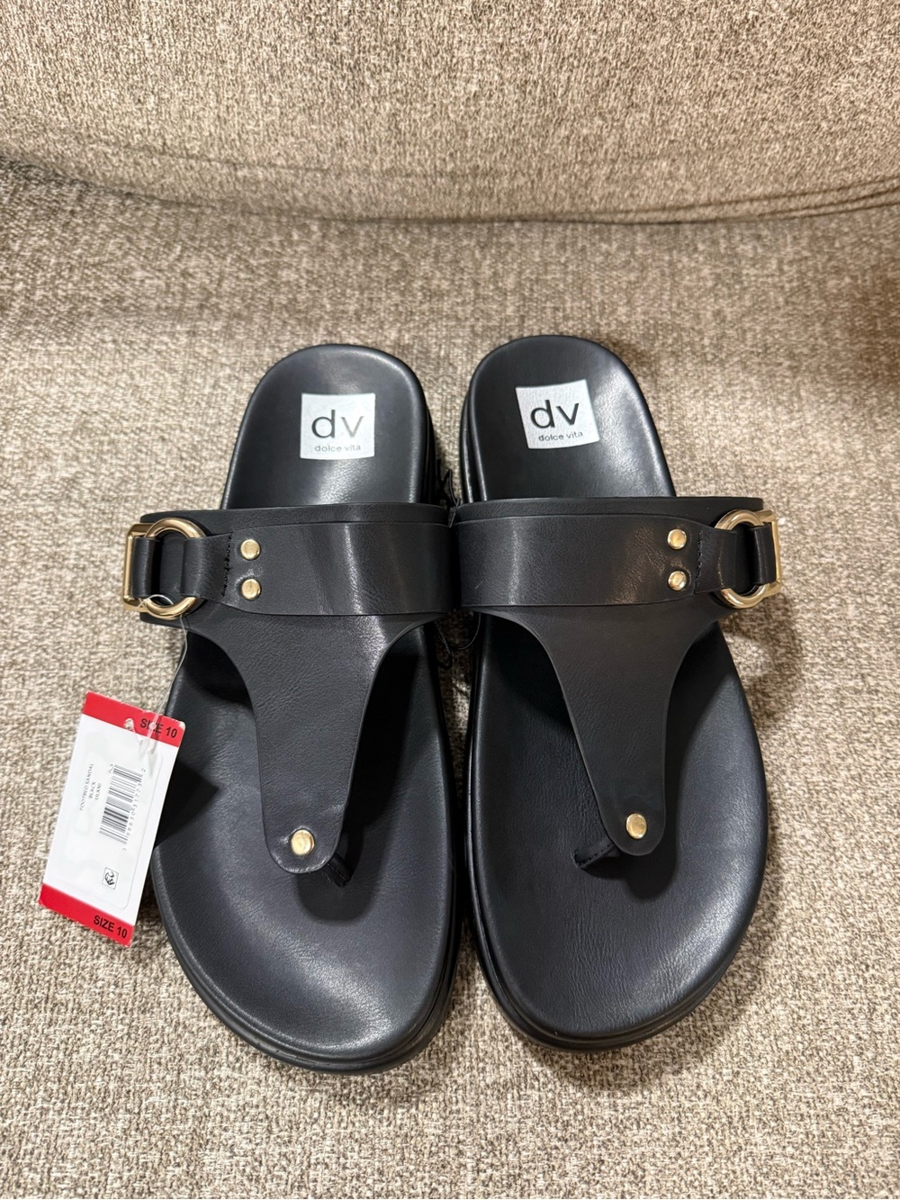DV by Dolce Vita Black Sandal Slides with Gold Buckle Accents